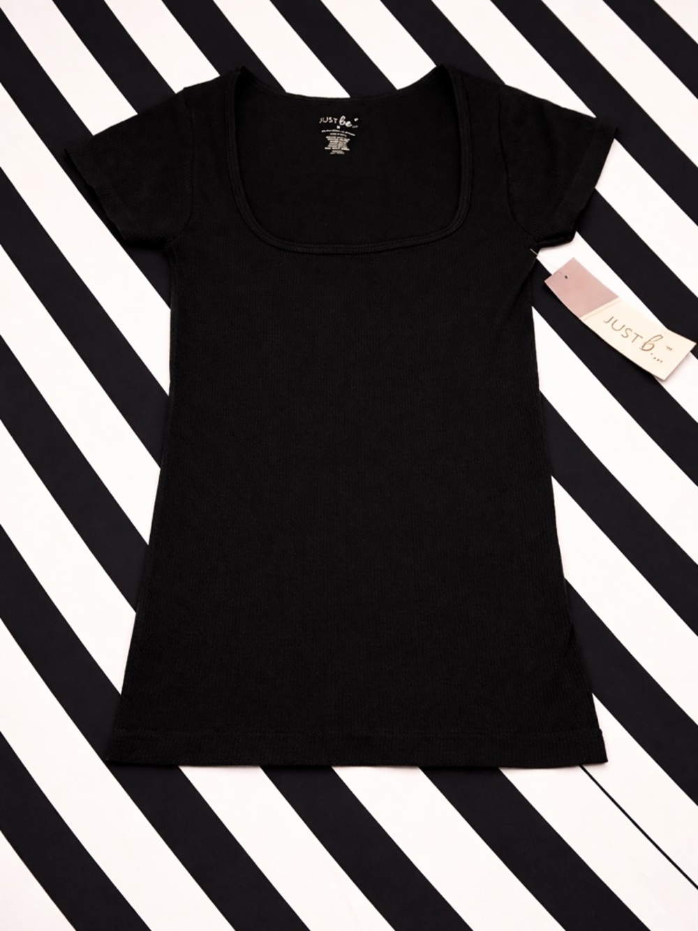just be Black Ribbed Square Neck Short Sleeve Tee